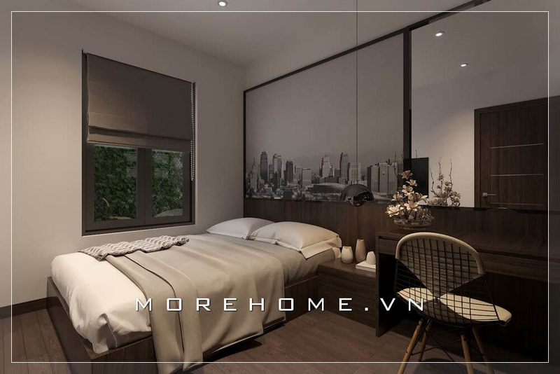 Giường ngủ gỗ công nghiệp màu nâu chủ đạo cũng với nội thất khác trong căn phòng tạo sự liền mạch và thống nhất 